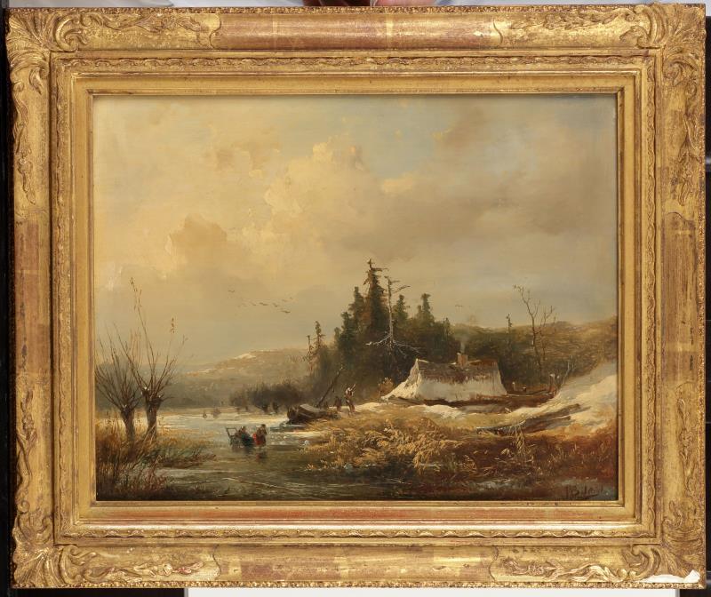 Johannes Warnardus Bilders (Utrecht 1811 - 1890 Oosterbeek, Renkum), Houtsprokkelaars op het ijs in een heuvelachtig landschap.