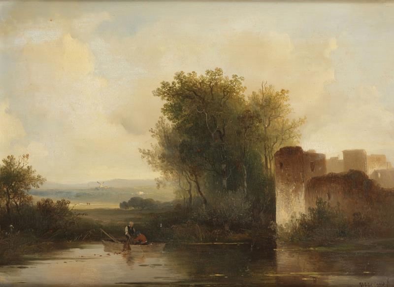 Johannes Warnardus Bilders (Utrecht 1811 - 1890 Oosterbeek, Renkum), Vissers bij een ruine.