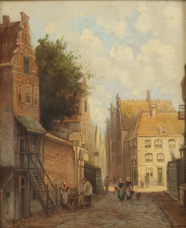 Hollandse School/ 19e eeuw, een zonovergoten Hollands straatje.
