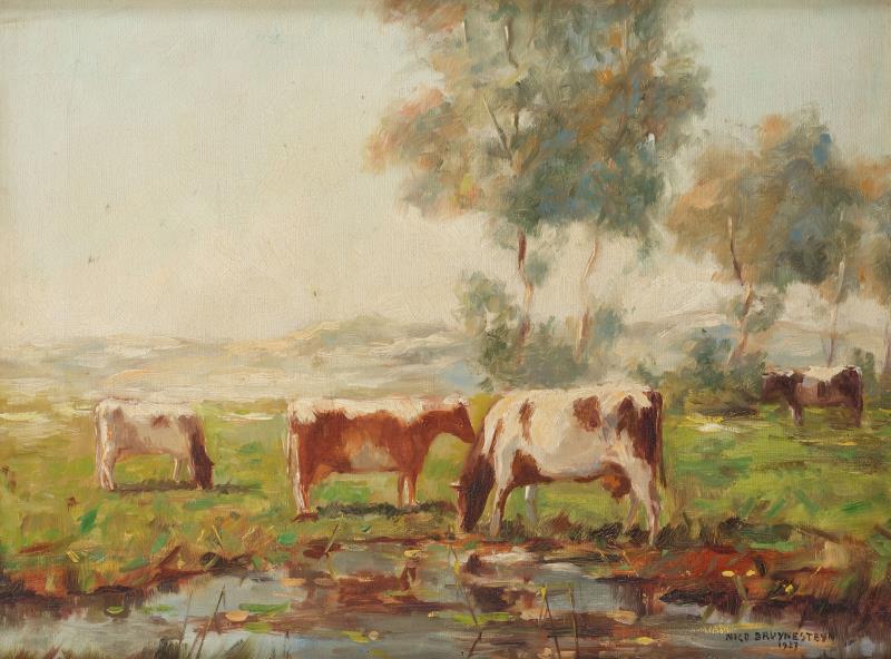 Nico Bruynesteyn (Nieuwer-Amstel, Amstelveen 1893 - 1950 Utrecht), Koeien bij de waterkant in een duinlandschap.