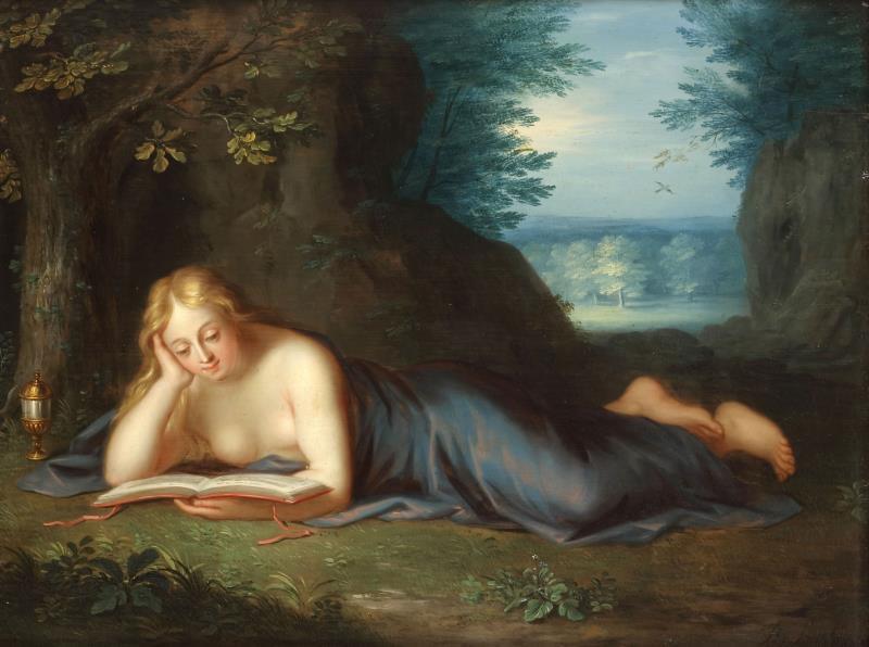 Toegeschreven aan: Baltazar Besscheij/ Balthasar Beschey (Antwerpen 1708 - 1776), Maria Magdalena lezend in een rotsachtig landschap.