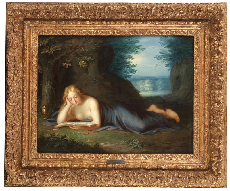 Toegeschreven aan: Baltazar Besscheij/ Balthasar Beschey (Antwerpen 1708 - 1776), Maria Magdalena lezend in een rotsachtig landschap.