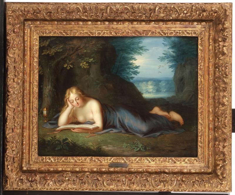 Toegeschreven aan: Baltazar Besscheij/ Balthasar Beschey (Antwerpen 1708 - 1776), Maria Magdalena lezend in een rotsachtig landschap.