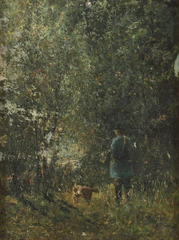 Hollandse School, 19e/20e eeuw. Een jager in een boslandschap.