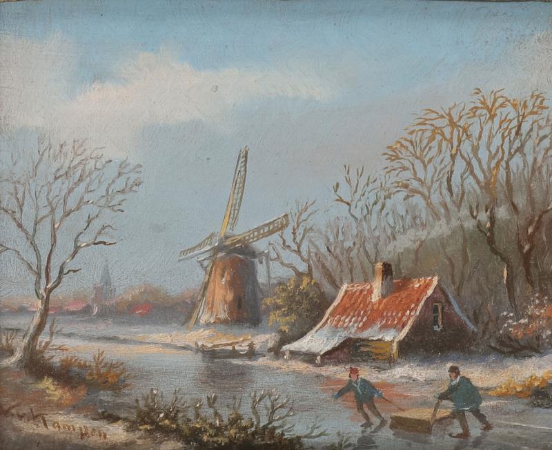 Hollandse School, 20e eeuw, Twee winterlandschapjes, olieverf op paneel.