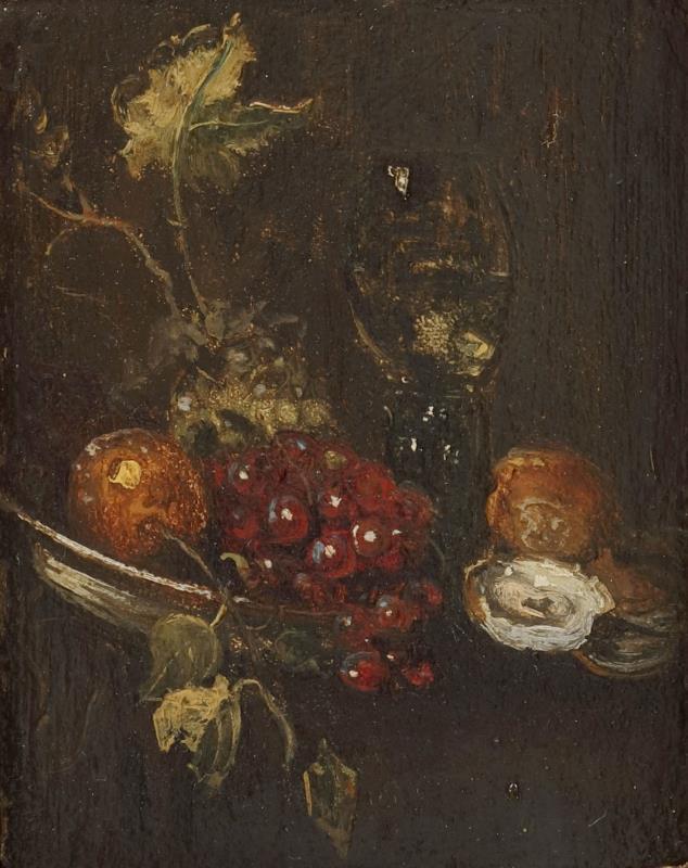 Navolger Antoine Vollon (Lyon 1833 - 1900 Parijs), Stilleven met oesters, roemer en fruit op een schaal.