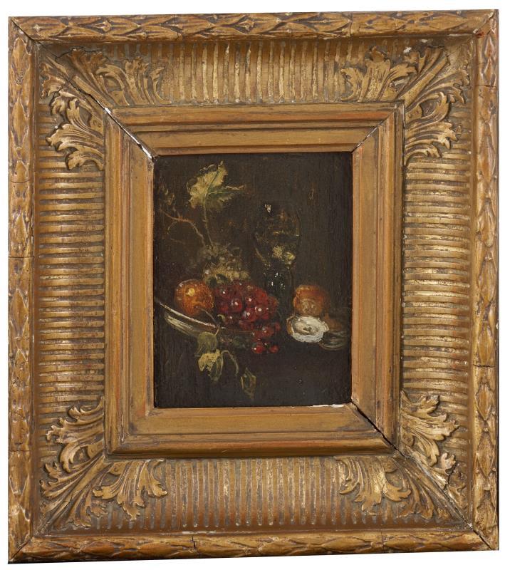 Navolger Antoine Vollon (Lyon 1833 - 1900 Parijs), Stilleven met oesters, roemer en fruit op een schaal.