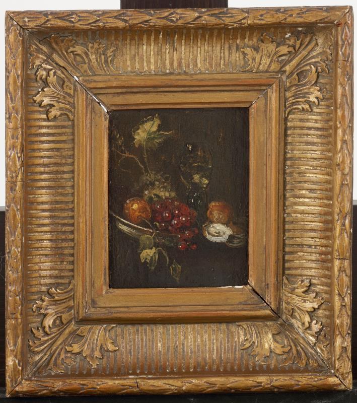 Navolger Antoine Vollon (Lyon 1833 - 1900 Parijs), Stilleven met oesters, roemer en fruit op een schaal.