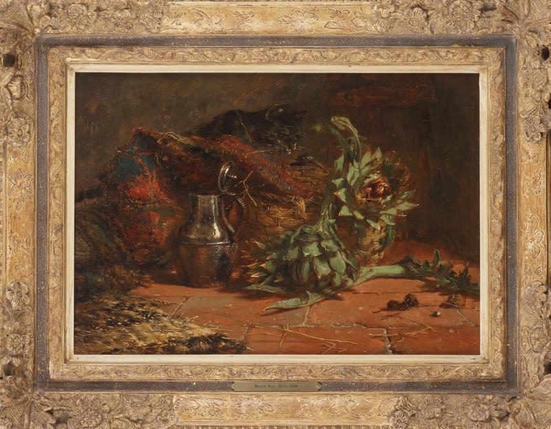 Maria Vos (Amsterdam 1824 - 1906 Oosterbeek, Renkum), Een kat loerend op een muizenpaar.