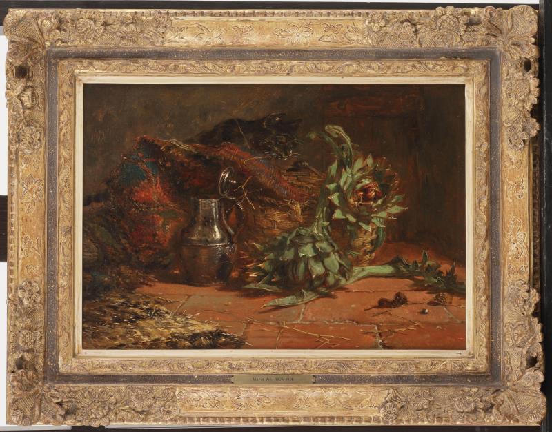Maria Vos (Amsterdam 1824 - 1906 Oosterbeek, Renkum), Een kat loerend op een muizenpaar.
