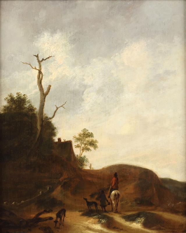 Omgeving Phillips Wouwermans, Een jager met windhonden in een heuvelachtig landschap.