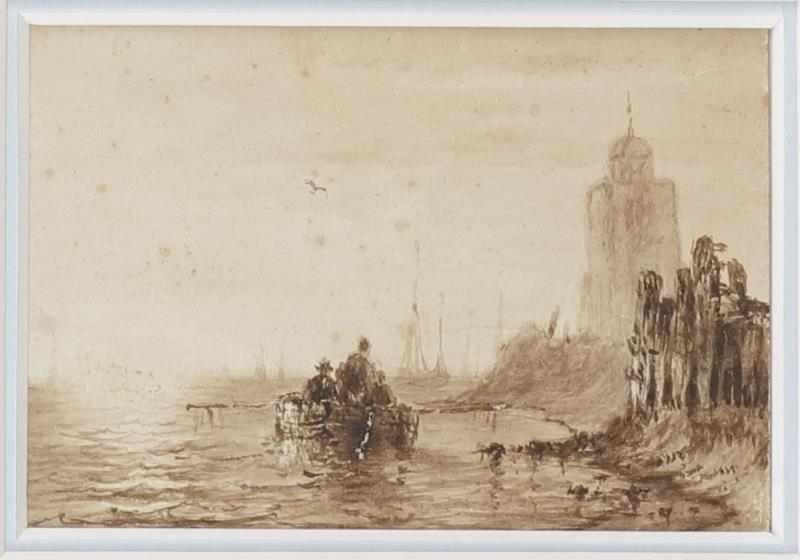 Petrus Paulus Schiedges (Den Haag 1813 - 1876), Scheepslui in een roeiboot bij een vuurtoren.