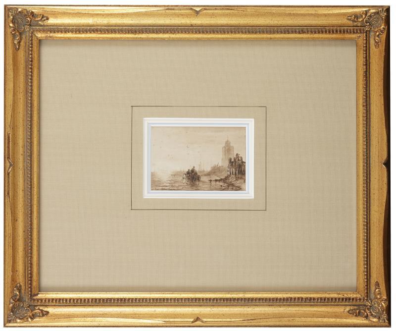 Petrus Paulus Schiedges (Den Haag 1813 - 1876), Scheepslui in een roeiboot bij een vuurtoren.