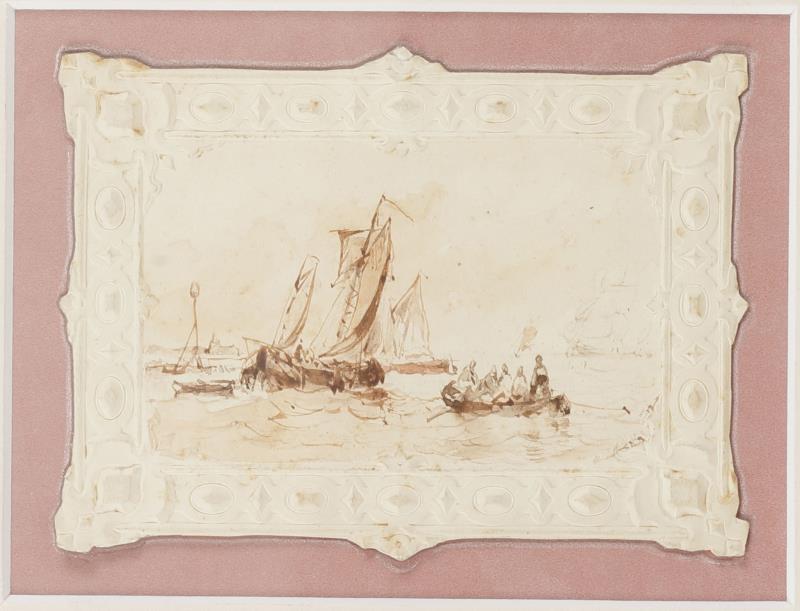 Anthony Waldorp (Den Haag 1802 - 1866 Amsterdam), Platbodems bij een havenhoofd.