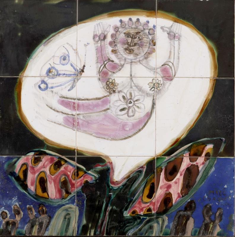 Naar Marc Chagall (Vitebsk 1887 – 1985 Saint-Paul-de-Vence), Een tegeltableau bestaande uit negen tegels, "Psyche".