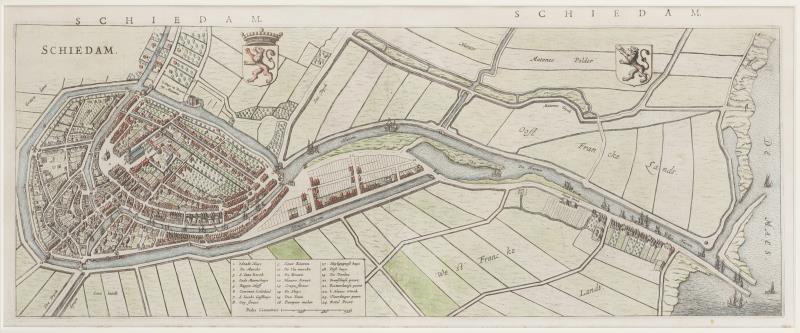 Een handingekleurde kaart van Schiedam en omgeving, met Stads-, en Provinciewapen.