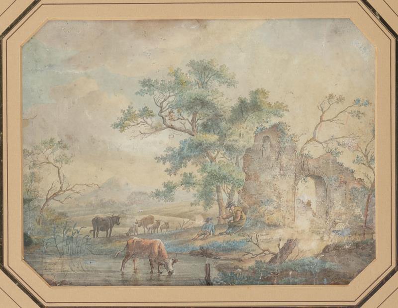 Hollandse School, 18e eeuw, Herders met vee bij een ruïne.