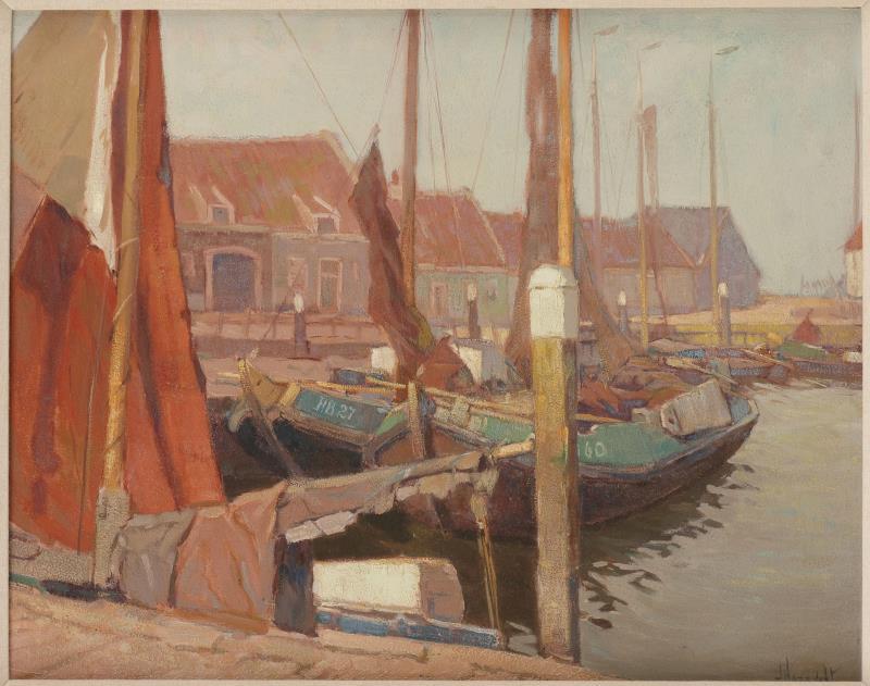 H. Hazeveldt, Botters in een haven, olieverf op paneel.