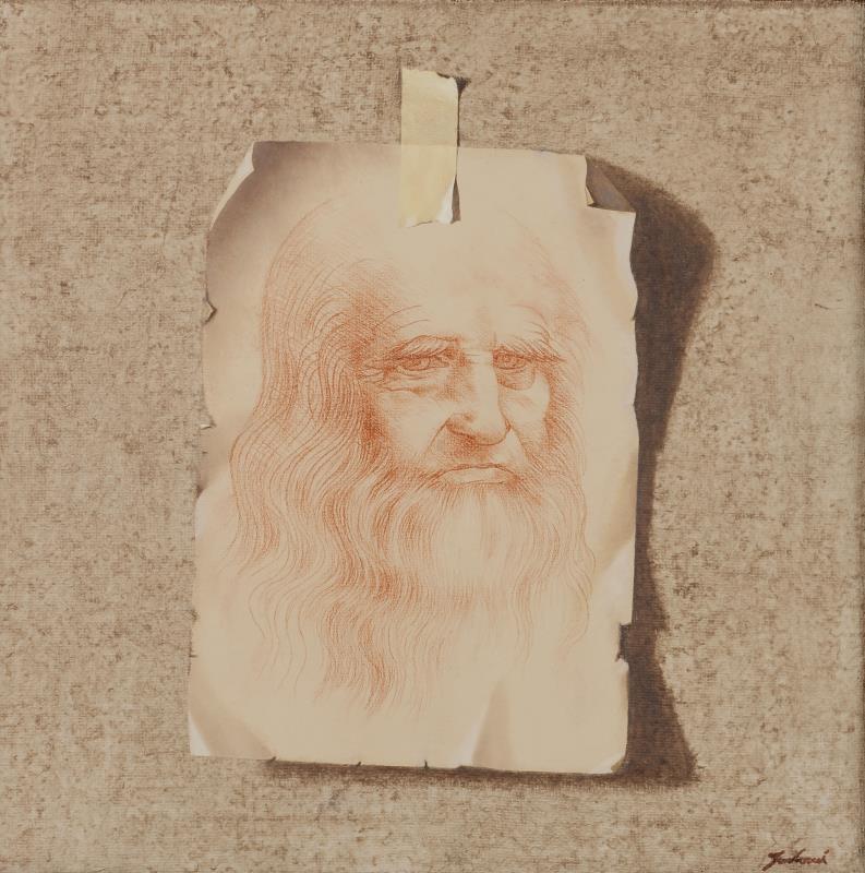 Fabio Inverni (geb. Florence 1968) Een trompe l'oeuil met portret van Leonardo da Vinci "L'uomo dei Sogni".