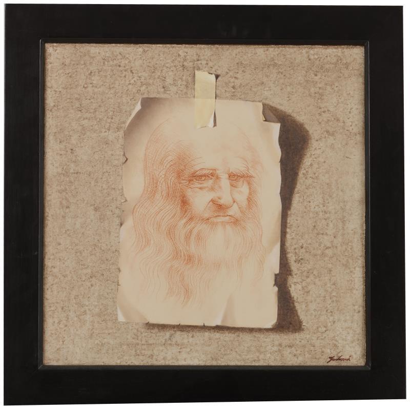 Fabio Inverni (geb. Florence 1968) Een trompe l'oeuil met portret van Leonardo da Vinci "L'uomo dei Sogni".