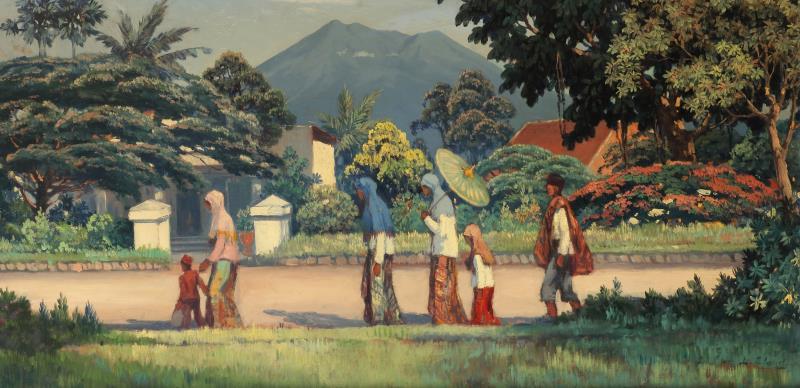 Leo Eeland (Salatiga, Indonesië 1884 - 1952 Den Haag), "Weg in Buitenzorg, met op de achtergrond Gunung Salak".