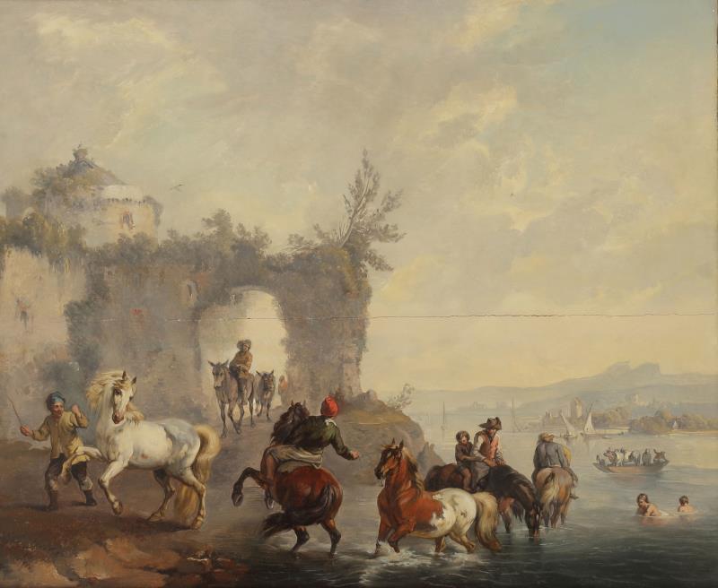 Navolger Claude Vernet (Avignon 1714 - 1789 Parijs), Paarden bij een rivier, een havenstad in de verte.