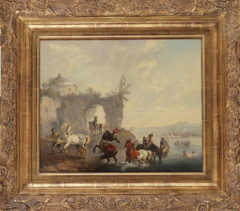 Navolger Claude Vernet (Avignon 1714 - 1789 Parijs), Paarden bij een rivier, een havenstad in de verte.