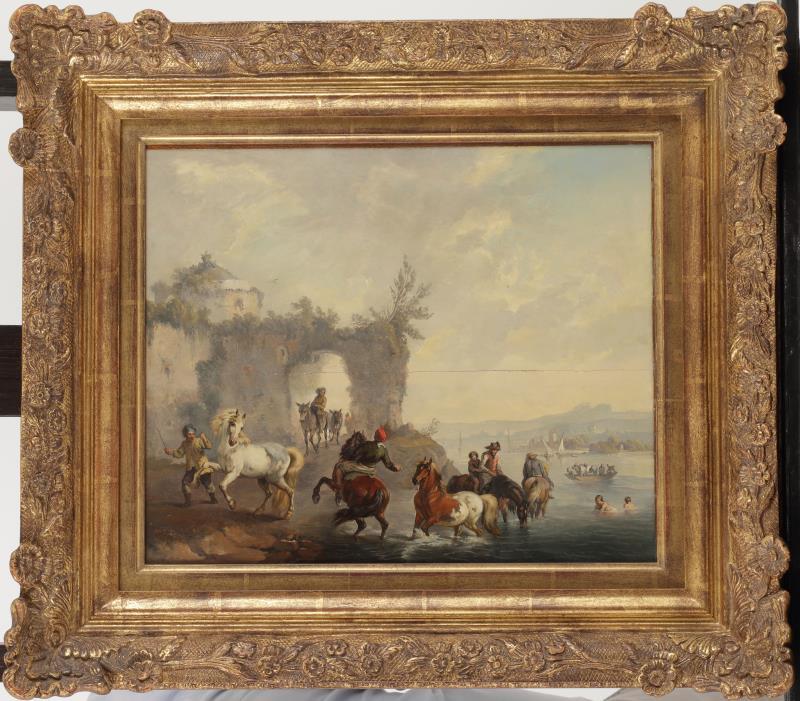 Navolger Claude Vernet (Avignon 1714 - 1789 Parijs), Paarden bij een rivier, een havenstad in de verte.