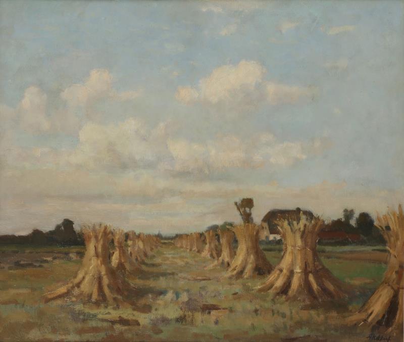 Ad Kikkert (Rotterdam 1914 - 1995 Brouwershaven, Schouwen-Duivenland), Korenschoven in een landschap.
