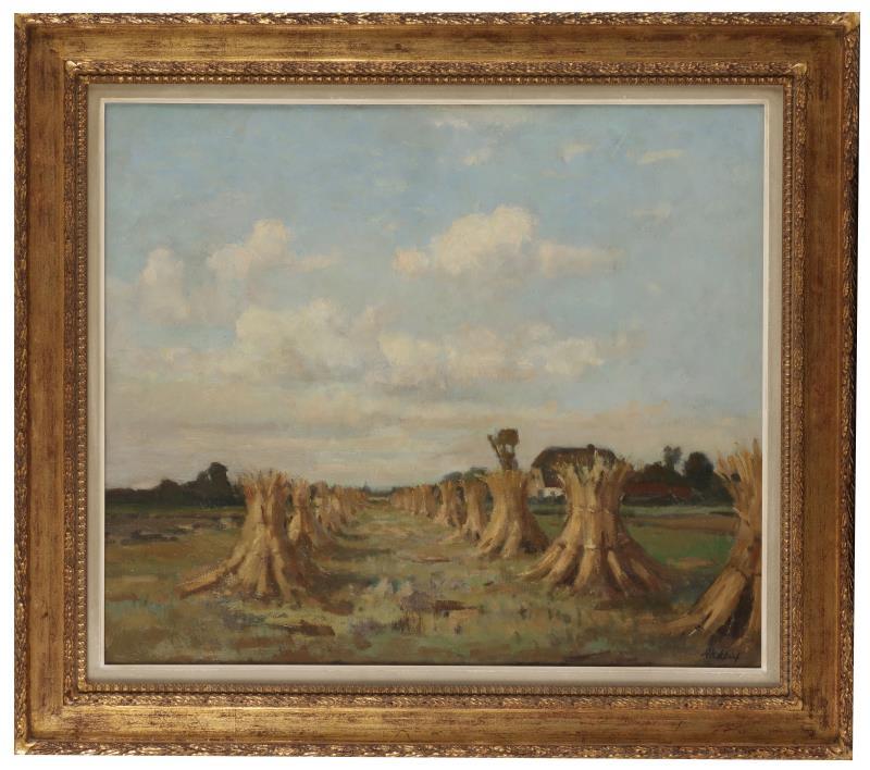 Ad Kikkert (Rotterdam 1914 - 1995 Brouwershaven, Schouwen-Duivenland), Korenschoven in een landschap.
