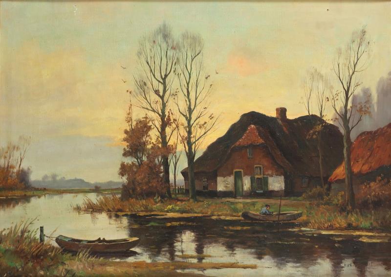 Hollandse School, ca. 1930, Boerderij aan het water.