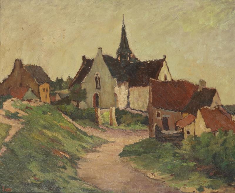 Gustave Lesy (1896 - 1981), Een kerkdorpje in een heuvelachtig landschap.