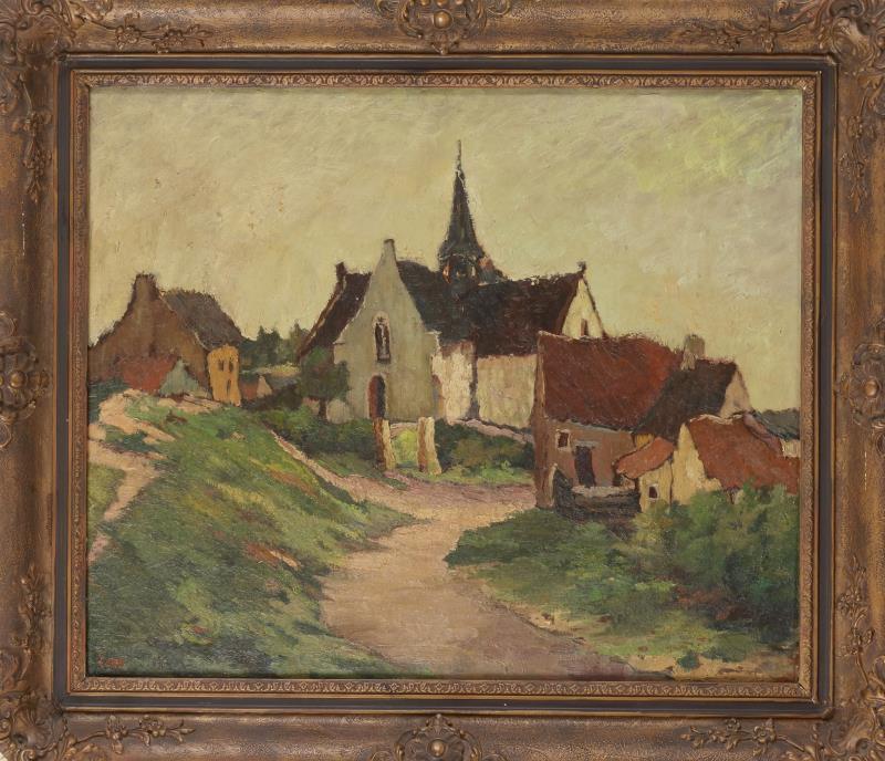 Gustave Lesy (1896 - 1981), Een kerkdorpje in een heuvelachtig landschap.