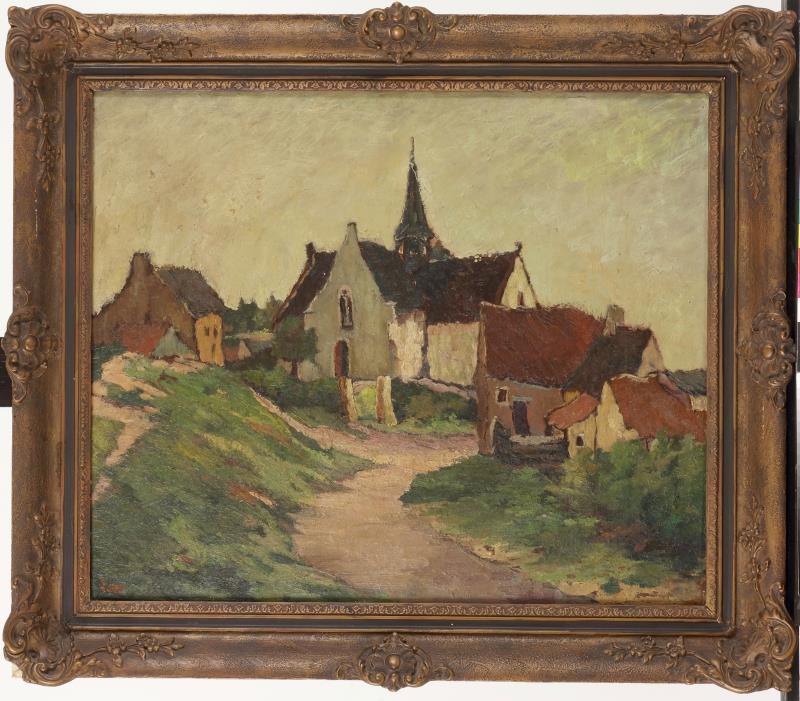Gustave Lesy (1896 - 1981), Een kerkdorpje in een heuvelachtig landschap.