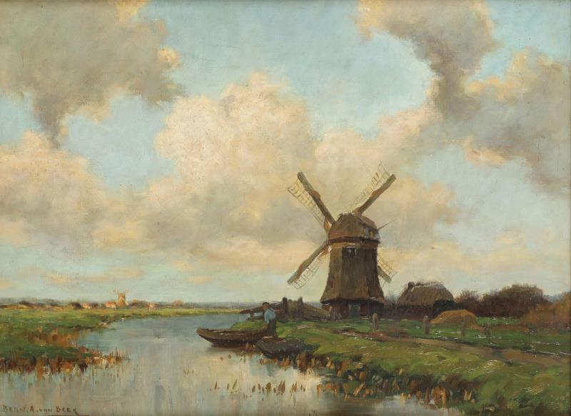 Bern. A. van Beek (Amsterdam 1875 - 1941 Kortnehoef), Een molen in een polderlandschap, omgeving Kortenhoef.