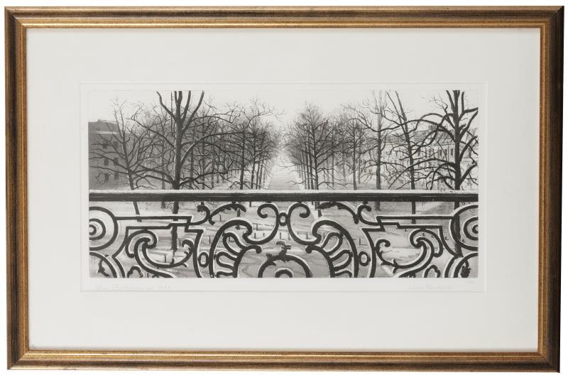 Wim Bettenhausen, (geb. Den Haag 1942), Lange Voorhout, gezien vanaf het Paleis Lange Voorhout (tegenwoordig Het Escher Museum).