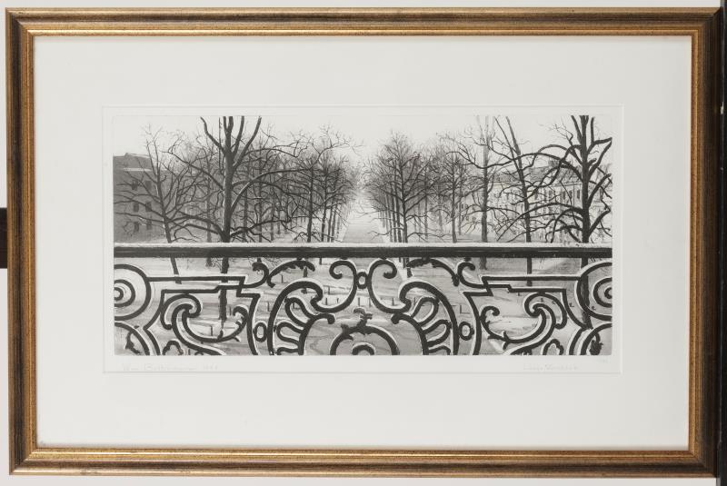 Wim Bettenhausen, (geb. Den Haag 1942), Lange Voorhout, gezien vanaf het Paleis Lange Voorhout (tegenwoordig Het Escher Museum).