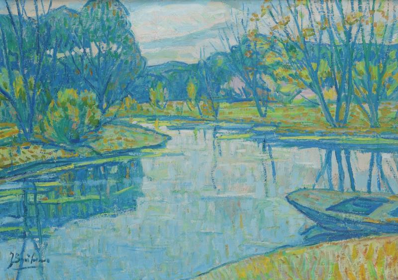 Jan Baartmans (Bergen op Zoom 1898 - 1968), Eem heuvelachtig rivierlandschap met bootje.
