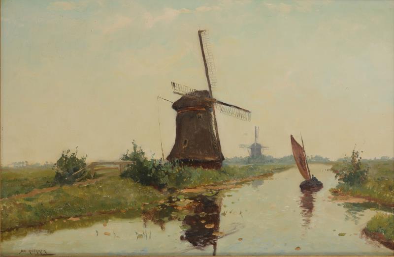 Jan (Simon) Knikker Sr. (Hillegom 1889 - 1957 Den Haag), Een polderlandschap met molen.