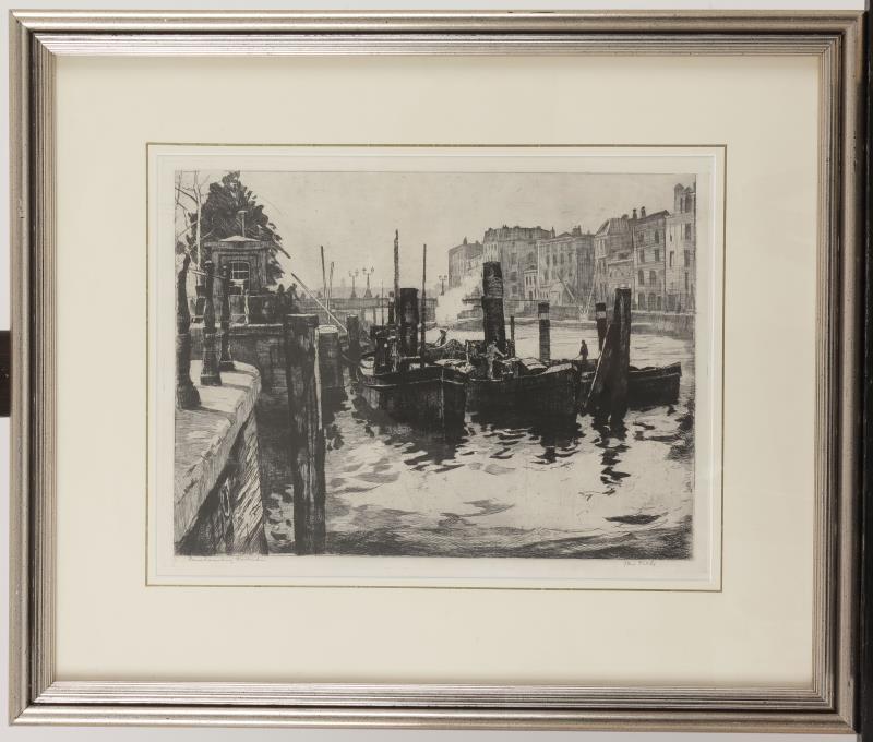 Een kavel van (3) etsen, van Jan Sirks, bestaande uit De Oude Haven Rotterdam, Een Landschapje en De Leuvehavenbrug Rotterdam. Div. afm.