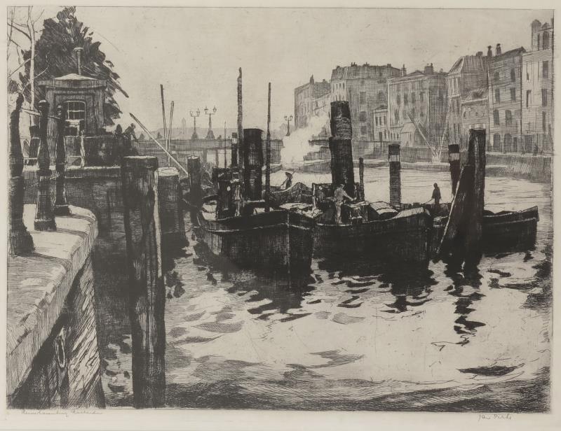 Een kavel van (3) etsen, van Jan Sirks, bestaande uit De Oude Haven Rotterdam, Een Landschapje en De Leuvehavenbrug Rotterdam. Div. afm.