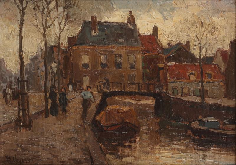 Ben Viegers (Den Haag 1886 - 1947 Nunspeet), Gezicht op een stadsgrachtje, gesigneerd linksonder, olieverf op doek.