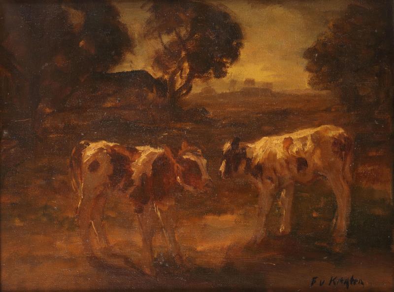 Fedor van Kregten (Diever 1871 - 1937 Den Haag), Twee schilderijen van kalveren in de weide, .