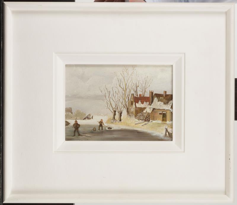 Hollandse School, 20e eeuw, Een winterlandschapje, olieverf op paneel.