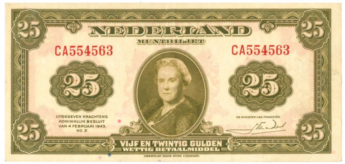 Nederland 25 gulden Bankbiljet Type 1943 II Wilhelmina - Zeer Fraai -