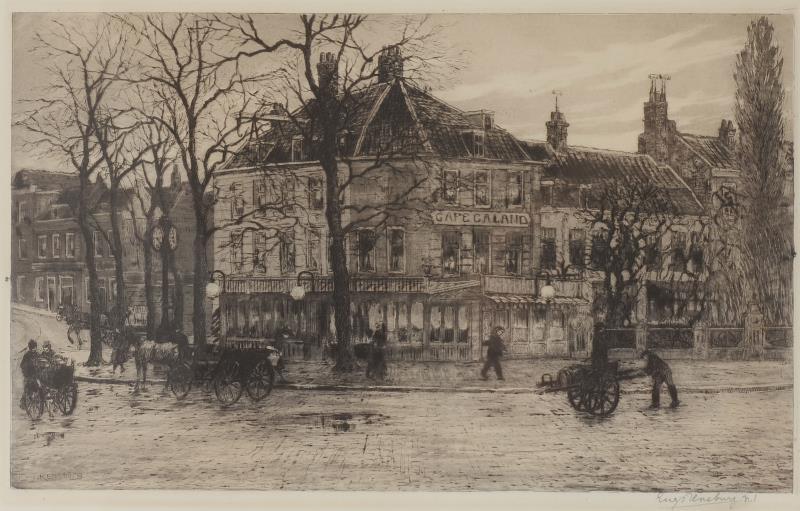 Eugène van Rensburg (Den Haag 1872 - 1956), Koetsjes op de Coolsingel voor Café Caland, Rotterdam. gesigneerd in potlood (rechtsonder), ets. Daarbij: een ets van Nicolaas van der Waay, De tekenklas.