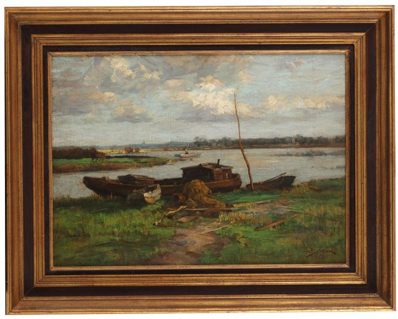 Anthony Abram van Bloppoel (Nieuwe Tonge 1879 - 1971 Rijswijk), Veenlandschap met platbodems.