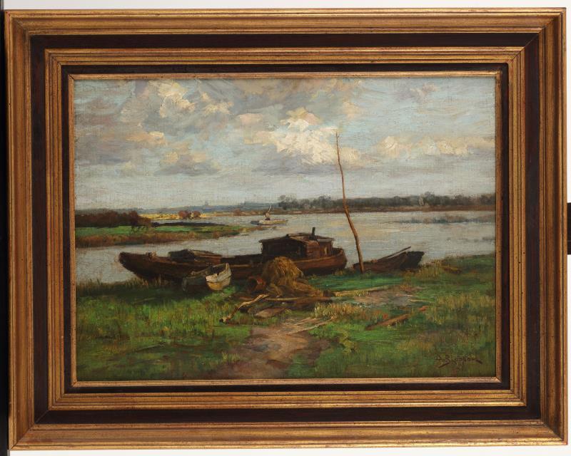 Anthony Abram van Bloppoel (Nieuwe Tonge 1879 - 1971 Rijswijk), Veenlandschap met platbodems.