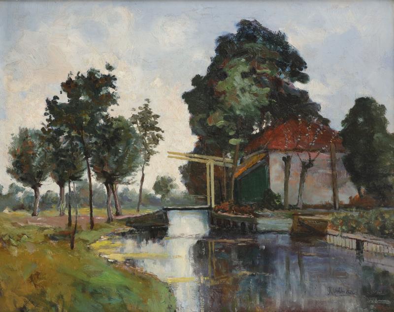 Onduidelijk gesigneerd (rechtsonder), 20e eeuw, Boerderij bij ophaalbrug, .