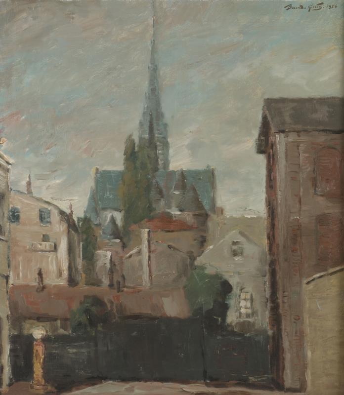 Bernard' Willem Theodoor Lutz (Rotterdam 1913 - 1975 Den Haag), 'Stadsgezicht Den Haag met de Grote Kerk', .